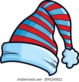 Funny red blue stripes elf hat in cartoon style