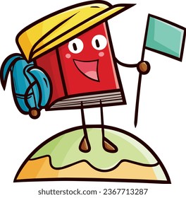 Funny red book character doing hiking with flag cartoon illustration