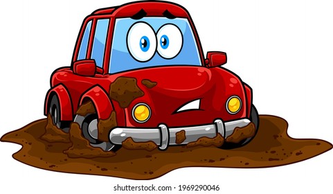 Funny Red Car Cartoon Character Stuck Mud Dirty Puddle. Vector Hand Drawn Illustration Isolated On Transparent Background