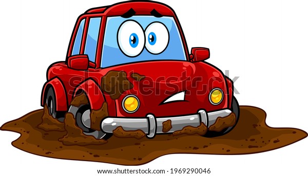 Funny Red Car Cartoon Charakter Stuck Mud dirty Puddle. handgezeichnete