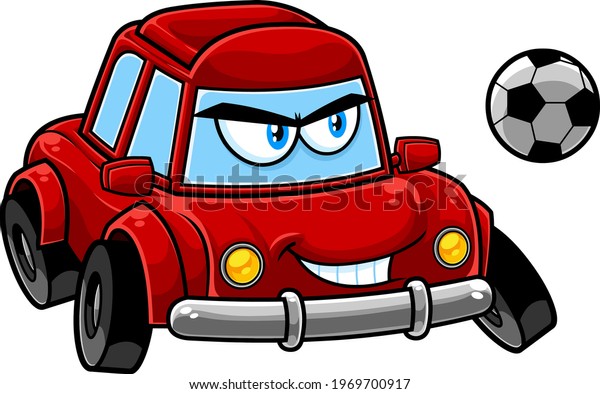 Funny Red\
Car Cartoon Character Playing Football. Vector Hand Drawn\
Illustration Isolated On Transparent\
Background