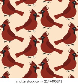 Funny red cardinal bird hand drawn vector illustration. Cute baby character seamless pattern.