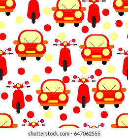 Funny Red Cars and Motobikes Seamless Patterns Isolated on White Background. Vector Illustration