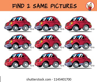 Funny red cartoon cars with eyes. Find two the same pictures. Educational matching game for children. Cartoon vector illustration