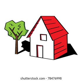Funny red cartoon house with tree vector illustration