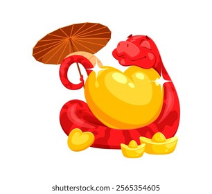 Funny red cartoon snake character holding a shiny golden heart with gold ingots at its base, shelters under a parasol, exudes love for valentine day and Chinese new year. Vector reptile smiles warmly