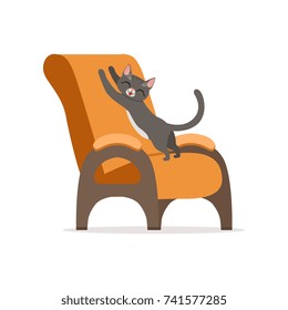 Funny red cat awaking and stretching its body on an orange armchair, home pet resting vector Illustration
