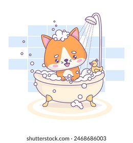 Lustige rote Katze badet in Bad mit Schaum in der Dusche. Nette Cartoon kawaii Haustier Figur. Vektorillustration. Kids-Kollektion. Baden, Hygiene und Schönheit im Bad