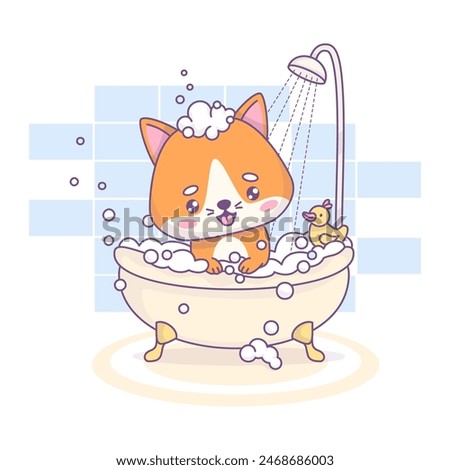 Funny red cat bathes in bath with foam in shower. Cute cartoon kawaii pet character. Vector illustration. Kids collection. Bathing, hygiene and beauty in bathroom