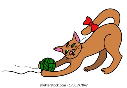 funny red cat with a bow on the tail plays with a green ball of thread, Vector illustration