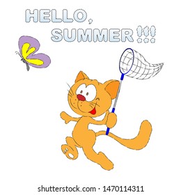 Funny Red Cat With A Butterfly Net Catches A Butterfly. Caption: "HELLO SUMMER !!!". Print For Children's T-shirts