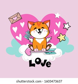 A funny red cat Cupid is sitting on a cloud and the inscription love on a pink background. Valentine's day romantic card