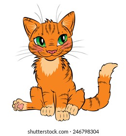 funny red cat with green eyes - vector cartoon illustration