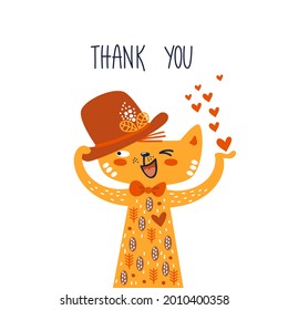 Funny red cat with hat and hearts. Thank you hand drawn text. Cute decorative animal, fashion pet. Vector illustration isolated on white, scandinavian flat design. Concept for greeting card or poster