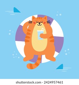 Funny red cat have a rest in sea or ocean with cocktail. Happy cat character on rubber ring in water with shark. Summer vacation time. Vector Hand drawn cartoon flat illustration.