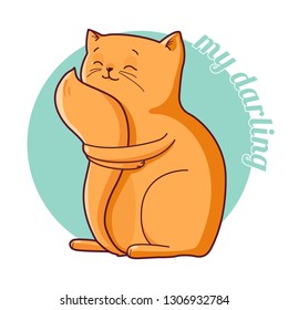 Funny red cat hugs tail, cute cartoon animal character vector Illustration. Design for wallpaper, fabric, textile, print, card, invitation, shirt