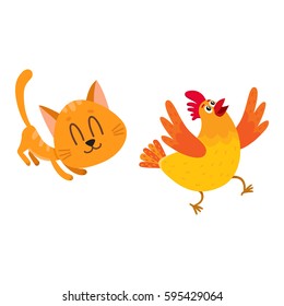 Funny red cat, kitten character chasing, playing with cackling chicken running away, cartoon vector illustration isolated on white background. Funny red cat, kitten character playing with chicken