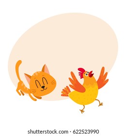 Funny red cat, kitten character chasing, playing with cackling chicken running away, cartoon vector illustration with space for text. Funny red cat, kitten character playing with chicken