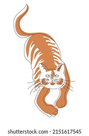 Funny red cat lies, is going to attack. One line style vector illustration isolated on white background