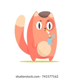 Funny red cat lighting a cigarette, cute cartoon animal character vector Illustration