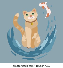 Funny red cat with looks at the fish. Vector illustration.
