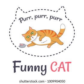 Funny red cat makes sound purr-purr playing with little grey mouse vector illustration dedicated to cats day celebration, silhouette of big kitten head