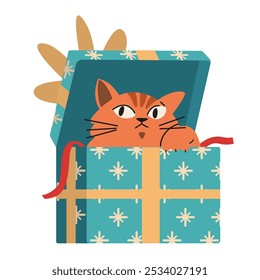 Divertido gato rojo mirando desde la caja de regalo Ilustración vectorial plana aislada en blanco.
