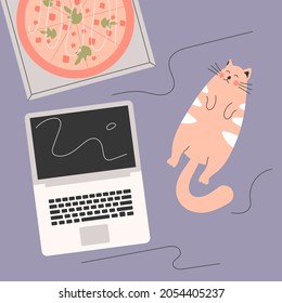 Funny red cat sleeping near laptop and pizza. Pizza delivery service. Work from home. Relax in bed with movie and pizza concept. Flat vector illustration.