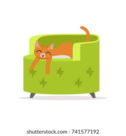 Funny red cat sleeping on a green armchair, home pet resting vector Illustration