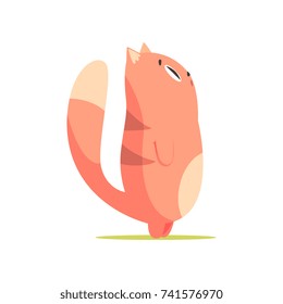 Funny red cat standing up and looking up, cute cartoon animal character vector Illustration
