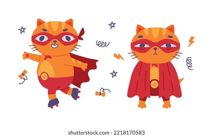 Funny red cat superhero. Cute kitten rollerblading, pet animal character in red mask and cape cartoon vector illustration