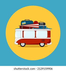 Funny red children's retro bus. The bus goes to rest on the sea with a luggage on the roof. Vector illustration