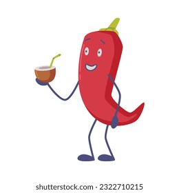 Funny Red Chili Pepper Character Holding Coconut Cocktail Vector Illustration