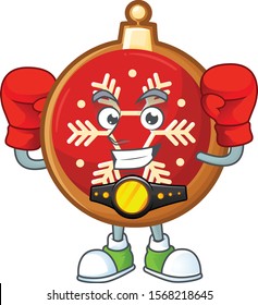 Funny red christmas ball in red boxing cartoon character.