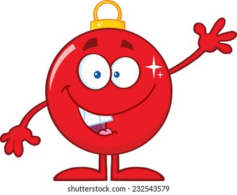 Funny Red Christmas Ball Cartoon Character Waving. Vector Illustration Isolated On White Background