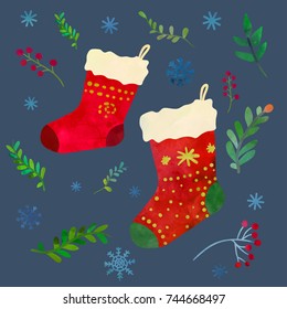 Funny red Christmas socks. Cartoon clip art illustration. Card design. Watercolour imitation.