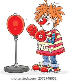 Funny red circus clown boxing with a punch bag in a fun performance, vector cartoon illustration on a white background