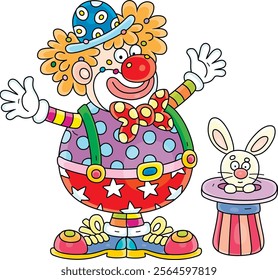 Funny red circus clown conjuring tricks with a magic hat and a white rabbit in a fun performance, vector cartoon illustration on a white background