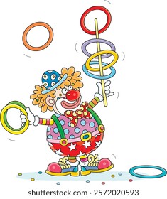 Funny red circus clown juggling with colorful toy hoops in a fun performance, vector cartoon illustration on a white background