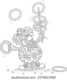 Funny red circus clown juggling with toy hoops in a fun performance, black and white vector cartoon illustration for a coloring book