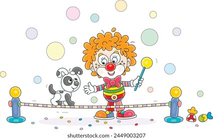 Funny red circus clown playing with a his cheerful small puppy balancing on a taut rope in a fun performance, vector cartoon illustration on a white background