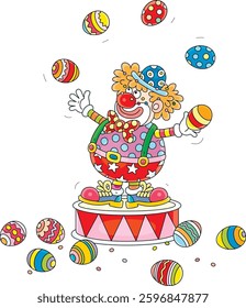 Funny red clown balancing on a big drum and juggling colorful Easter gift eggs in a fun circus performance, vector cartoon illustration on a white background