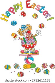 Palhaço vermelho engraçado balanceamento em uma bola, placa e cilindro e malabarismo colorido ovos de presente de Páscoa em um divertido circo desempenho, ilustração de desenhos animados vetoriais em um fundo branco