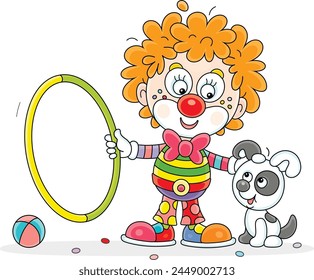 Funny red clown with a toy hoop playing with his cheerful small puppy in a fun circus performance, vector cartoon illustration on a white background