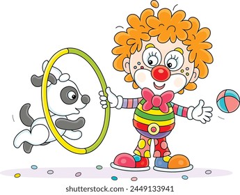 Funny red clown with a toy hoop playing with his cheerful small puppy in a fun circus performance, vector cartoon illustration on a white background