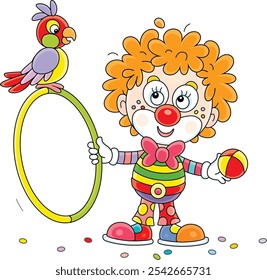 Funny red clown with a toy hoop and a ball playing with his parrot in a fun circus performance, vector cartoon illustration on a white background