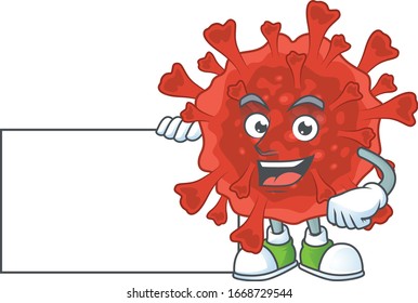 Funny red corona virus cartoon design Thumbs up with a white board