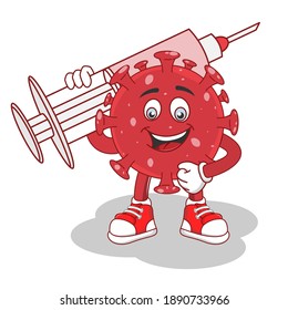 Funny Red Coronavirus covid-19 holding medicine syringe with vaccine. Cute cartoon character of 2019-nCoV novel virus. Vector illustration.