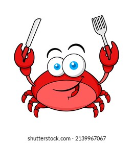 Funny Red Crab Cartoon Character Holding Fork And Knife