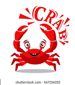 Funny red crab cartoon with text on white background for food flavor concept